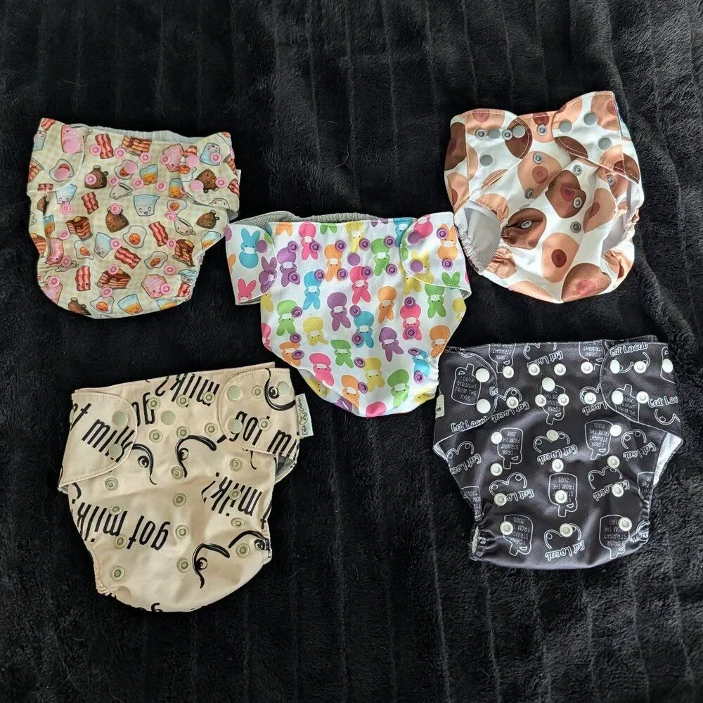 Bundle of 5 Cloth Pocket Diapers Got Milk, Eat Local, Boobies, Breakfast, Bunny
